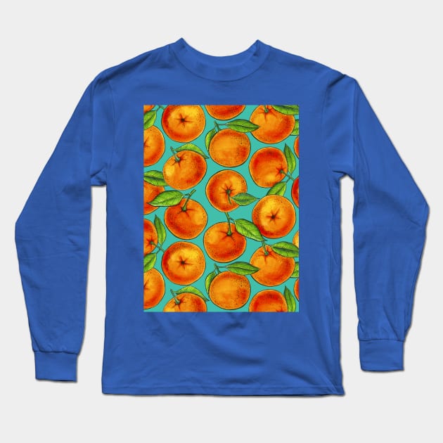 Oranges on turquoise Long Sleeve T-Shirt by katerinamk